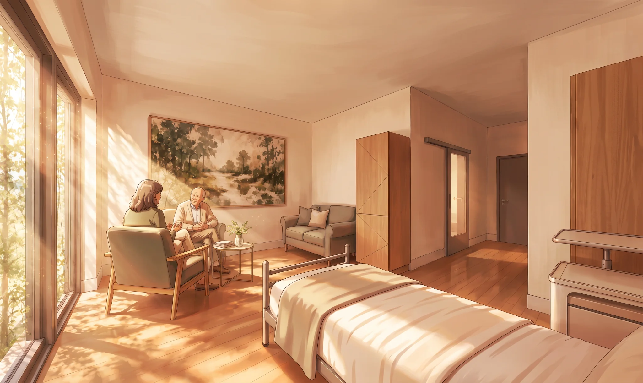 Atmosphärische Innenraumvisualisierung einer Patientenwohnung